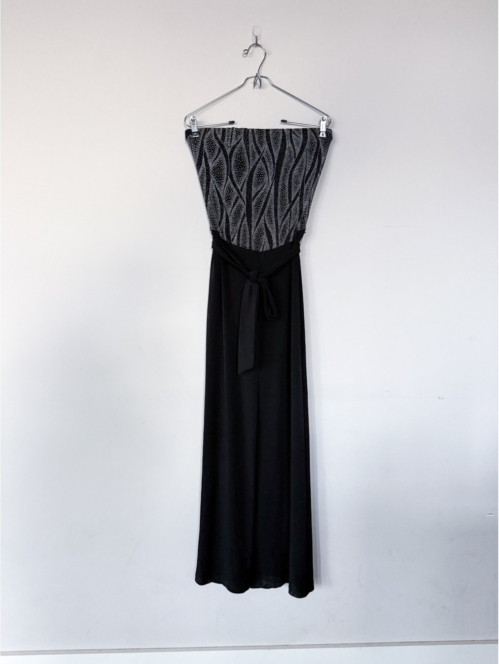 1970s Vintage Next Up One Piece Jumpsuit Strapless Tie Waist Stretch Glitter